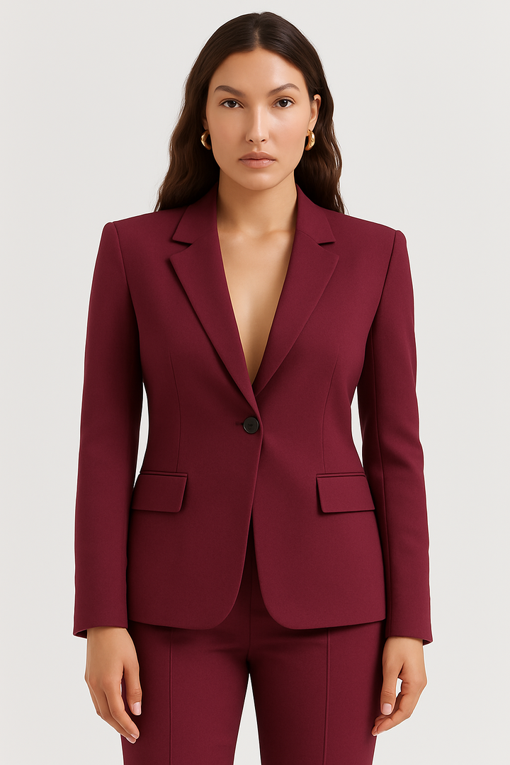 Women's Blazer – Single-Breasted Notched Collar Flap Pockets — Wine Red