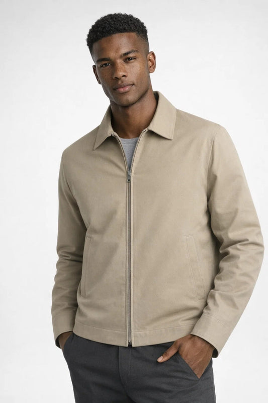 Men's Slim-Fit Jacket – Structured Collar and Zip Closure — Beige