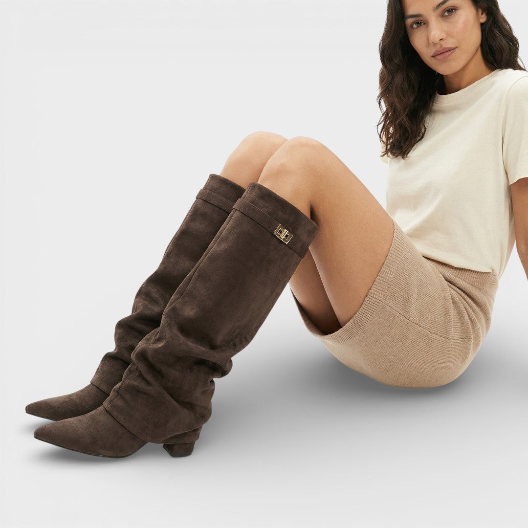 Women’s Boots – Pointed Toe, Ruched, Low Heel, Elegant Side Buckle — Dark Brown