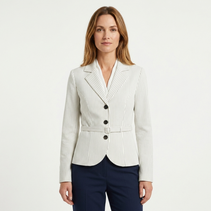 Women's Blazer – Stripes and Belt, Elegant Tailored Fit — product view