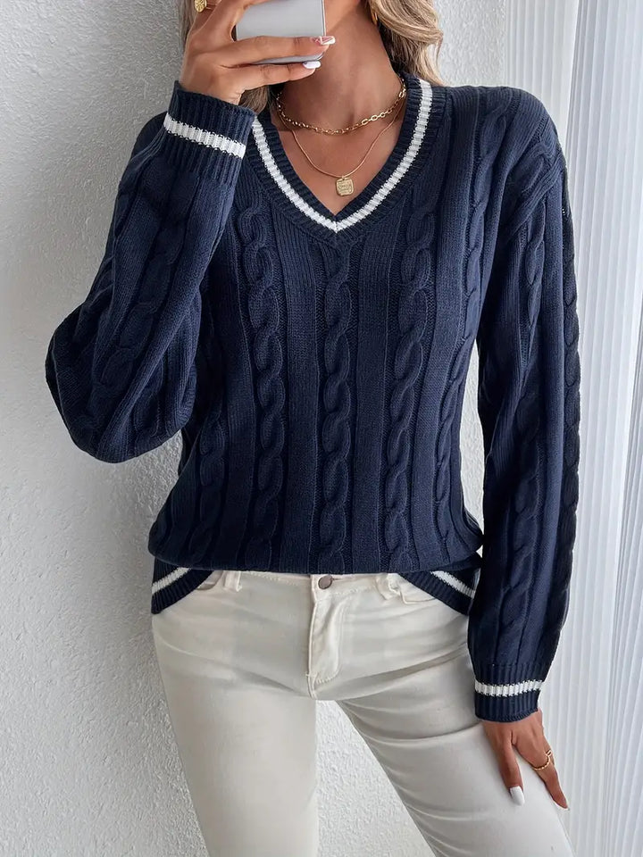 Pull pour femme en maille avec col en V et motif torsadé — Bleu marine