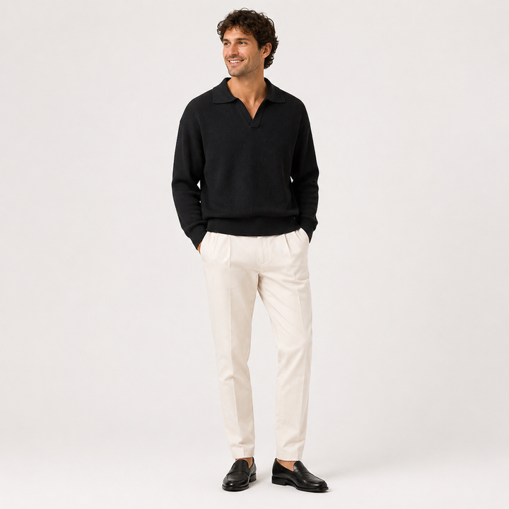 Men's Polo-Collar Textured Pullover — Black