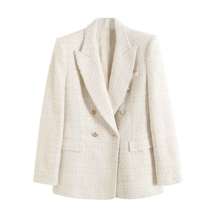 Women's Hip-Length Blazer – Notched Lapel and Fitted Waist — Beige