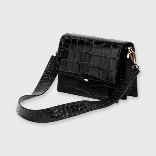 Women's Bag – Crocodile Print and Flap Closure — Black