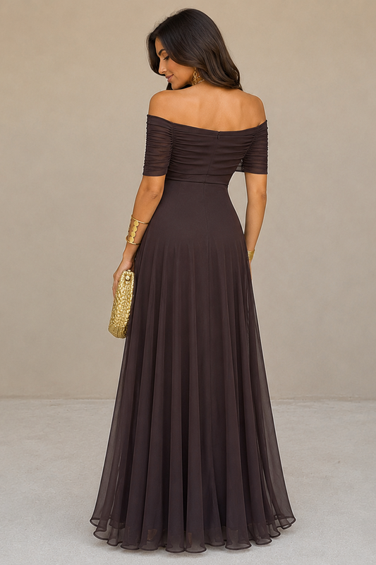 Long Maternity Dress with Off-the-Shoulder Design — Brown