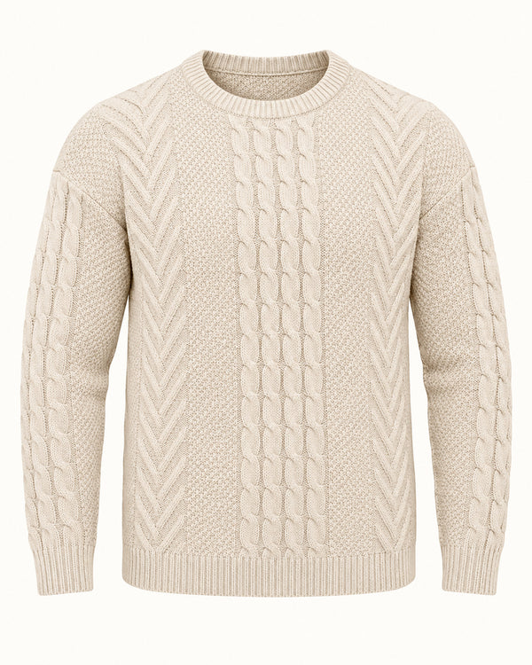 Men's Cable-Knit Long Sleeve Crew Neck Jumper in Apricot on a neutral background