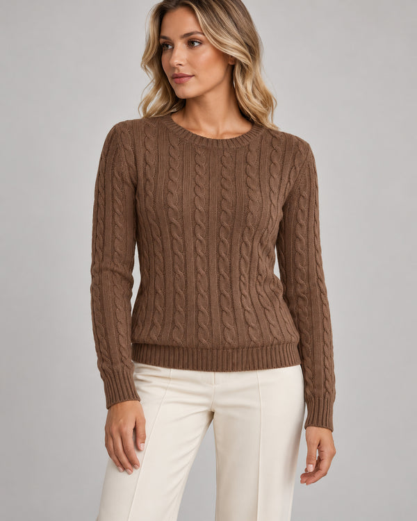 Women's Cable-Knit Long Sleeve Crew Neck Jumper in Mocha Brown - principal