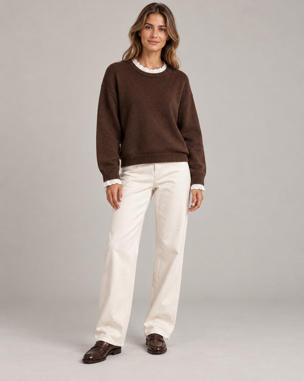 Women's Long Sleeve Crew Neck Jumper in Coffee Brown on a neutral background