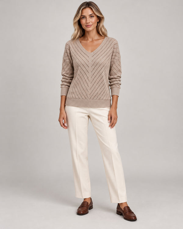 Women's Long Sleeve V-Neck Jumper in Camel on a neutral background