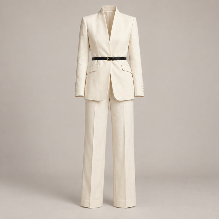 Women’s Tailored Suit Set – Stand Collar and Timeless Structured Fit — White
