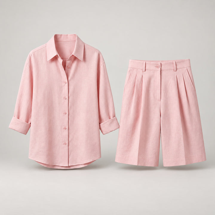 Co-ord set for women with pleated detailing shirt and shorts 2 pieces — Pink