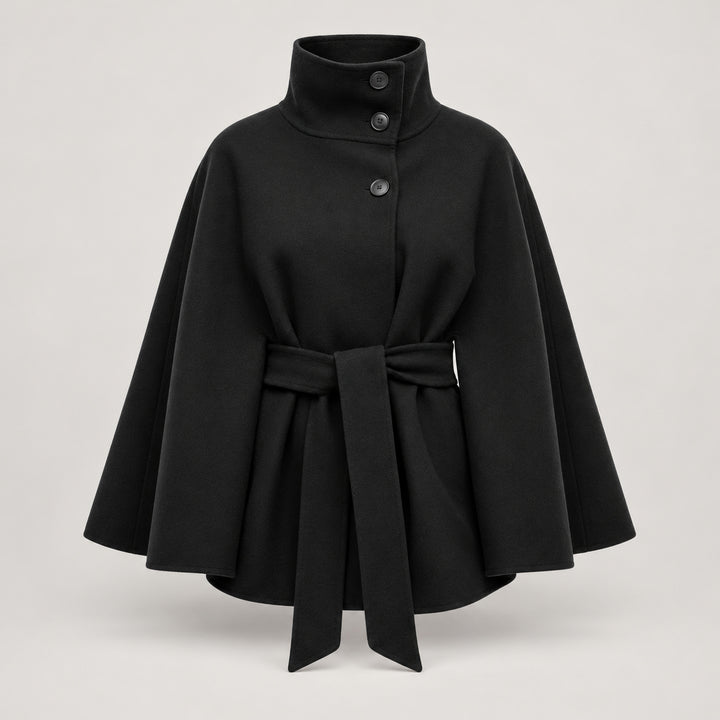 Coat for women in a cape cut with a belt and standing collar — Black