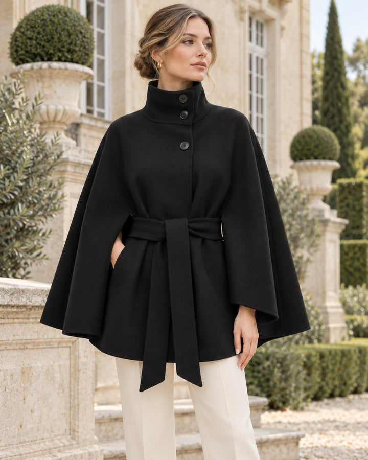 Coat for women in a cape cut with a belt and standing collar — Black