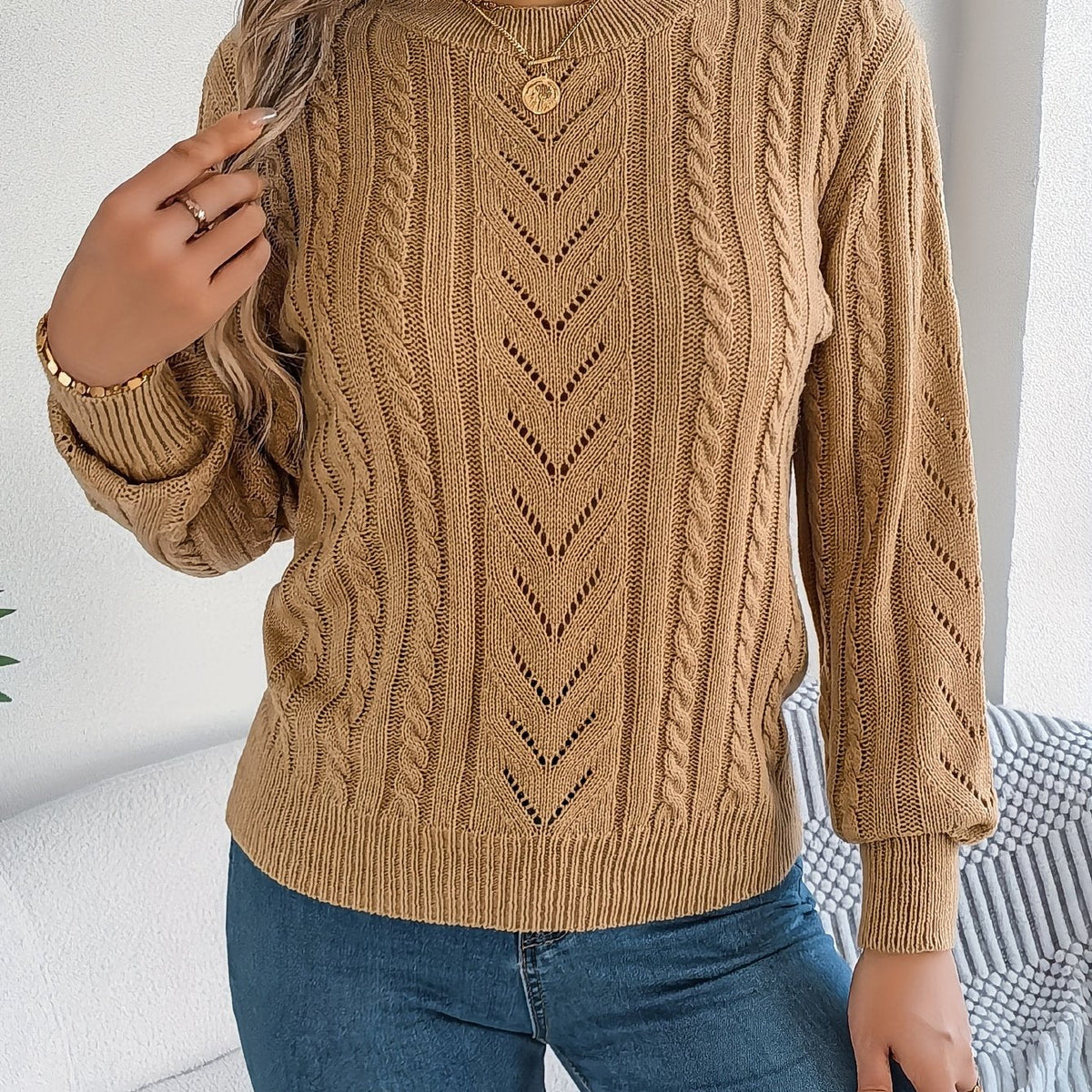 Lowri | Women's Textured Openwork Crew Neck Knit Jumper — view 1