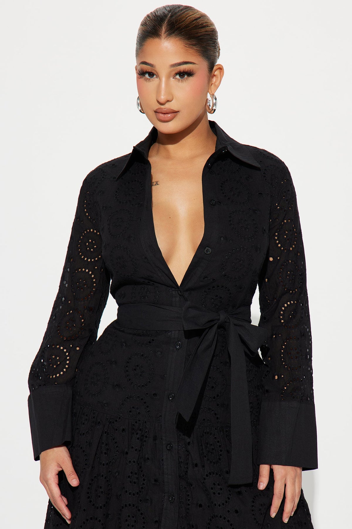 Women's Cotton Maxi Dress — Button Front, Long Sleeve | Yvezi — 3