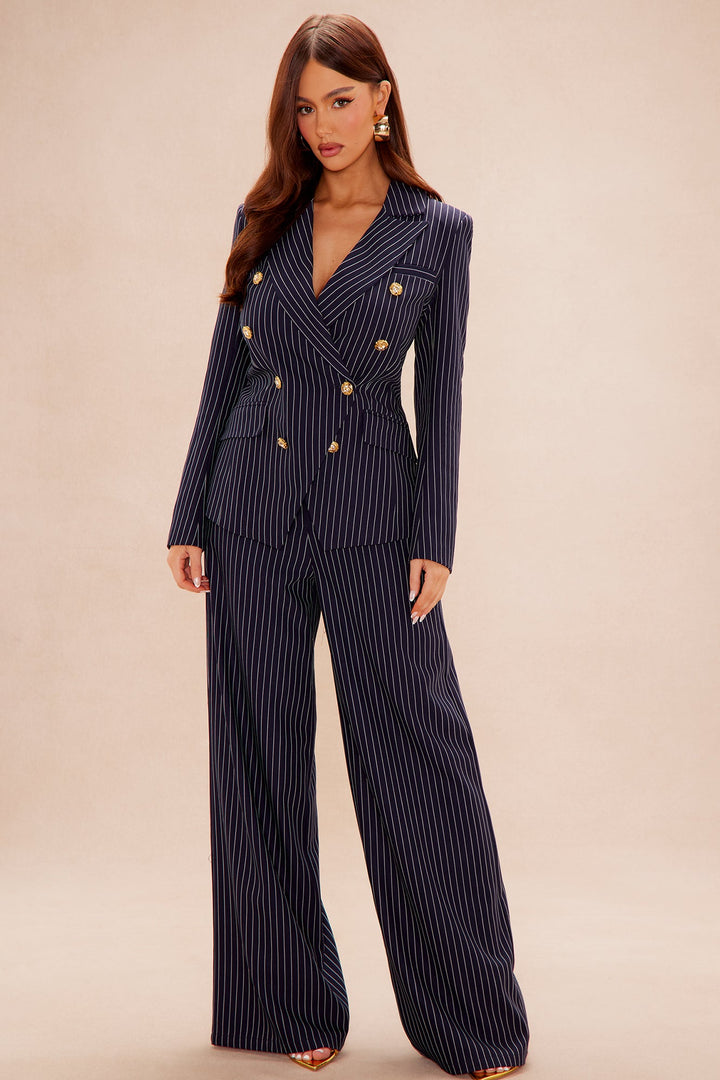Women's Pinstripe Suit Set — Long Sleeve, Wide Leg | Yvezi — 1