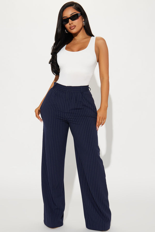 Women's Pinstripe Pants — Wide Leg, Pleated | Yvezi — 1