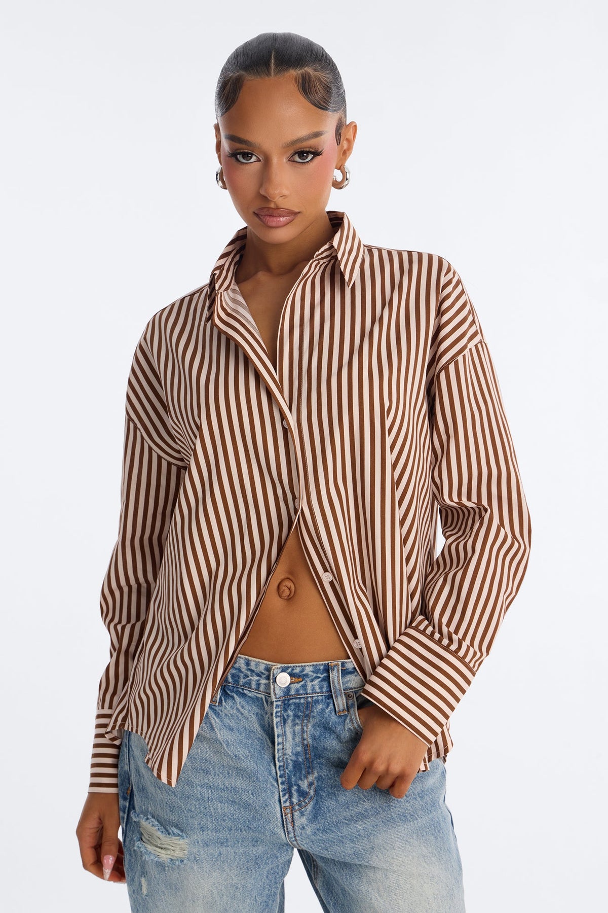 Women's Striped Cotton Shirt — Button Down, Long Sleeve | Yvezi — 1