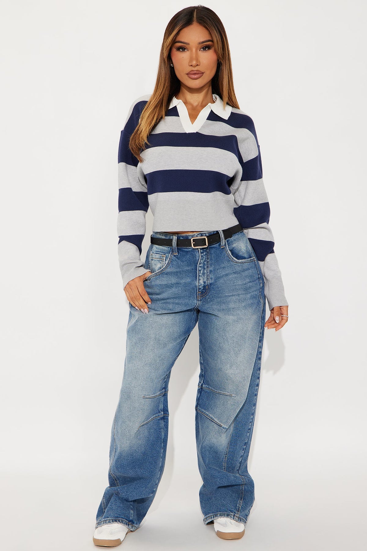 Women's Striped Knit Polo Sweater | Yvezi — 2