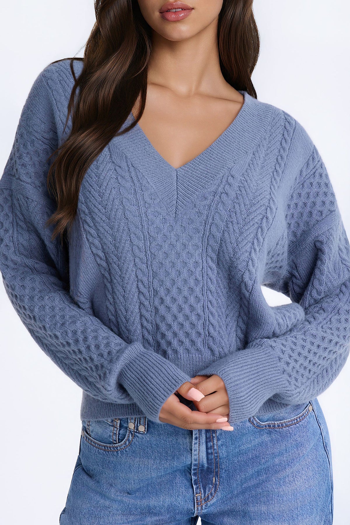 Women's Cable Knit Sweater — Long Sleeve, Ribbed | Yvezi — 2