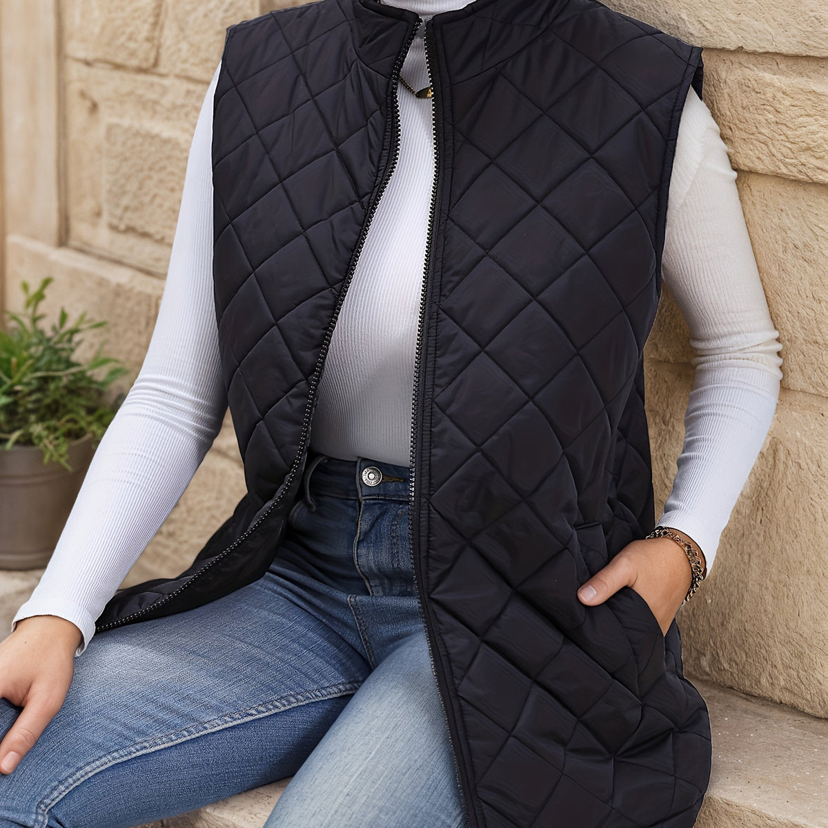 Lowri | Women's Longline Quilted Zip-Up Gilet — view 1