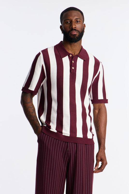 Men's Striped Cotton Polo Shirt — Button Down, Short Sleeve | Yvezi — 1