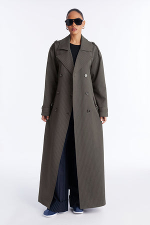 Women's Pinstripe Belted Coat — Double Breasted, Long Sleeve | Yvezi — 1