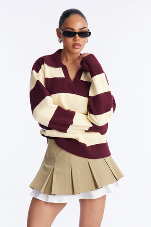 Women's Striped Collared Knit Sweater — Long Sleeve | Yvezi — 1