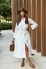 Women's Cotton Maxi Dress — Button Front, Long Sleeve | Yvezi — 8