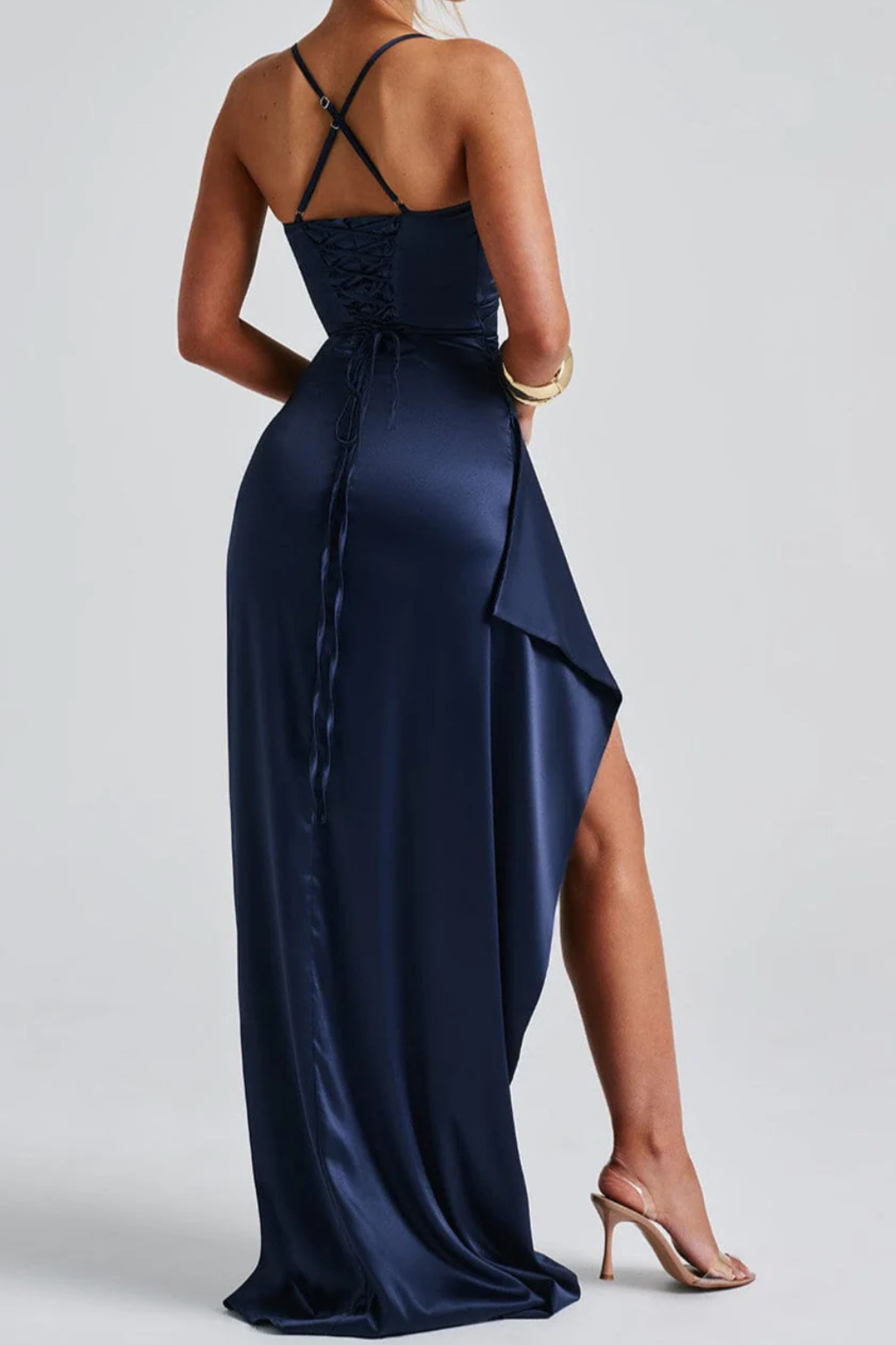 Lucia | Women's Satin Strappy High-Slit Maxi Christmas Party Dress — view 3