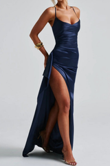 Lucia | Women's Satin Strappy High-Slit Maxi Christmas Party Dress — view 4