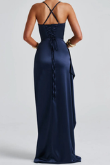 Lucia | Women's Satin Strappy High-Slit Maxi Christmas Party Dress — view 5
