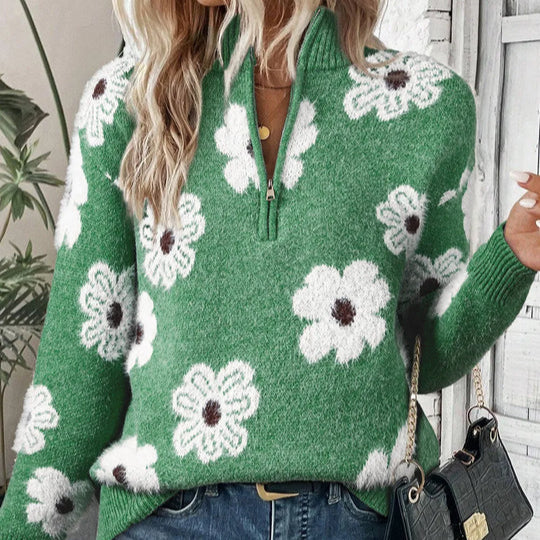 Daphne | Women's Daisy Floral Collared Half-Zip Knitted Jumper — view 3