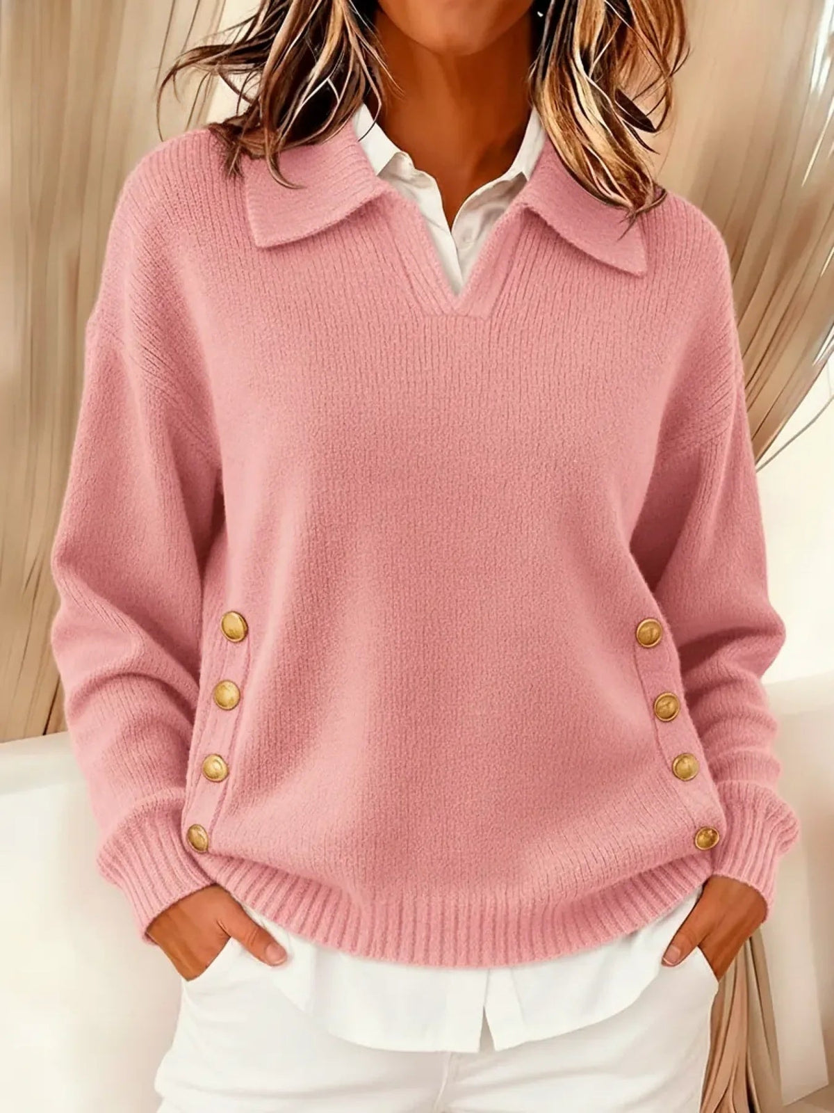 Women's Oversized Collared V-Neck Gold Button Polo Jumper — view 2