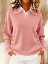 Women's Oversized Collared V-Neck Gold Button Polo Jumper — view 2