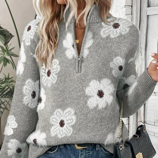 Daphne | Women's Daisy Floral Collared Half-Zip Knitted Jumper — view 2