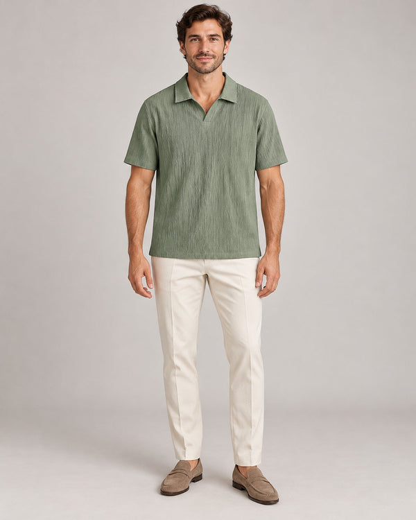 Men's single Army Green polo shirt - neutral studio portrait