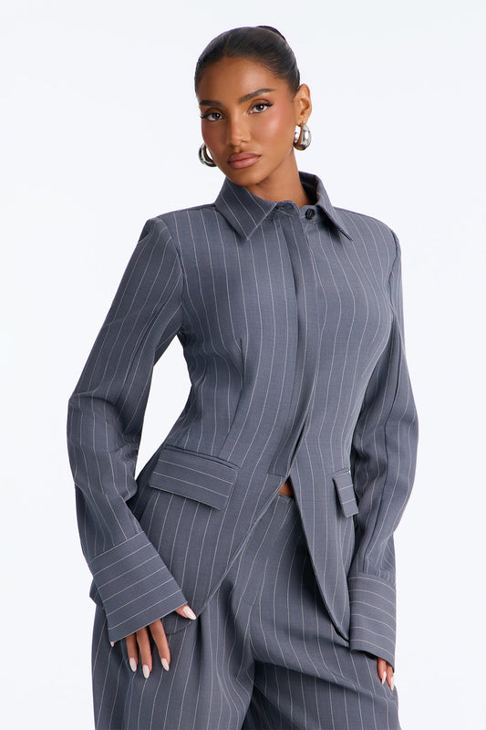 Women's Pinstripe Blazer and Pants Set — Wide Leg | Yvezi — 2