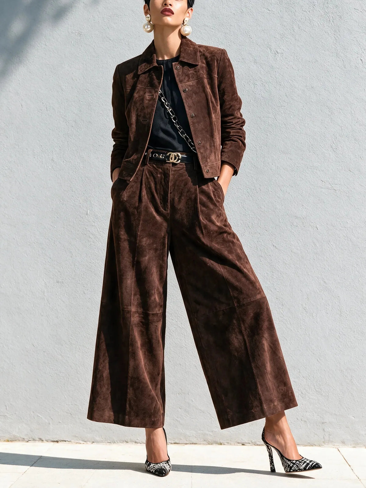 Isadora | Dark Brown Faux Suede Jacket & Wide-Leg Trousers Set — view 3