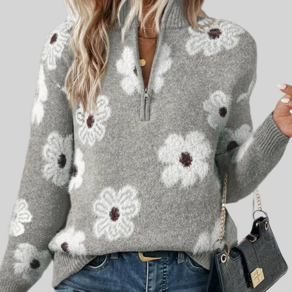 Daphne | Women's Daisy Floral Collared Half-Zip Knitted Jumper — view 1