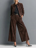 Isadora | Dark Brown Faux Suede Jacket & Wide-Leg Trousers Set — view 1