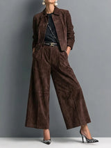 Isadora | Dark Brown Faux Suede Jacket & Wide-Leg Trousers Set — view 1