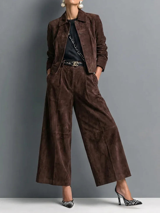 Isadora | Dark Brown Faux Suede Jacket & Wide-Leg Trousers Set — view 1
