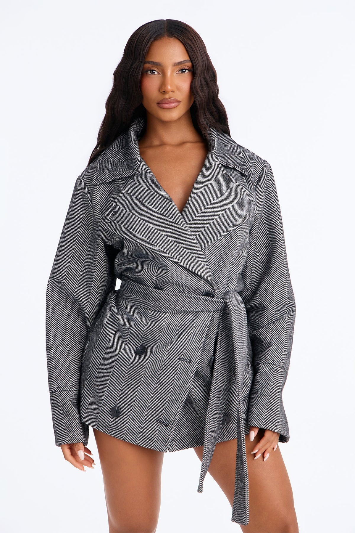 Women's Double-Breasted Belted Coat — Long Sleeve, Oversized | Yvezi — 2