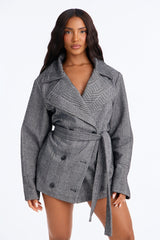 Women's Double-Breasted Belted Coat — Long Sleeve, Oversized | Yvezi — 2