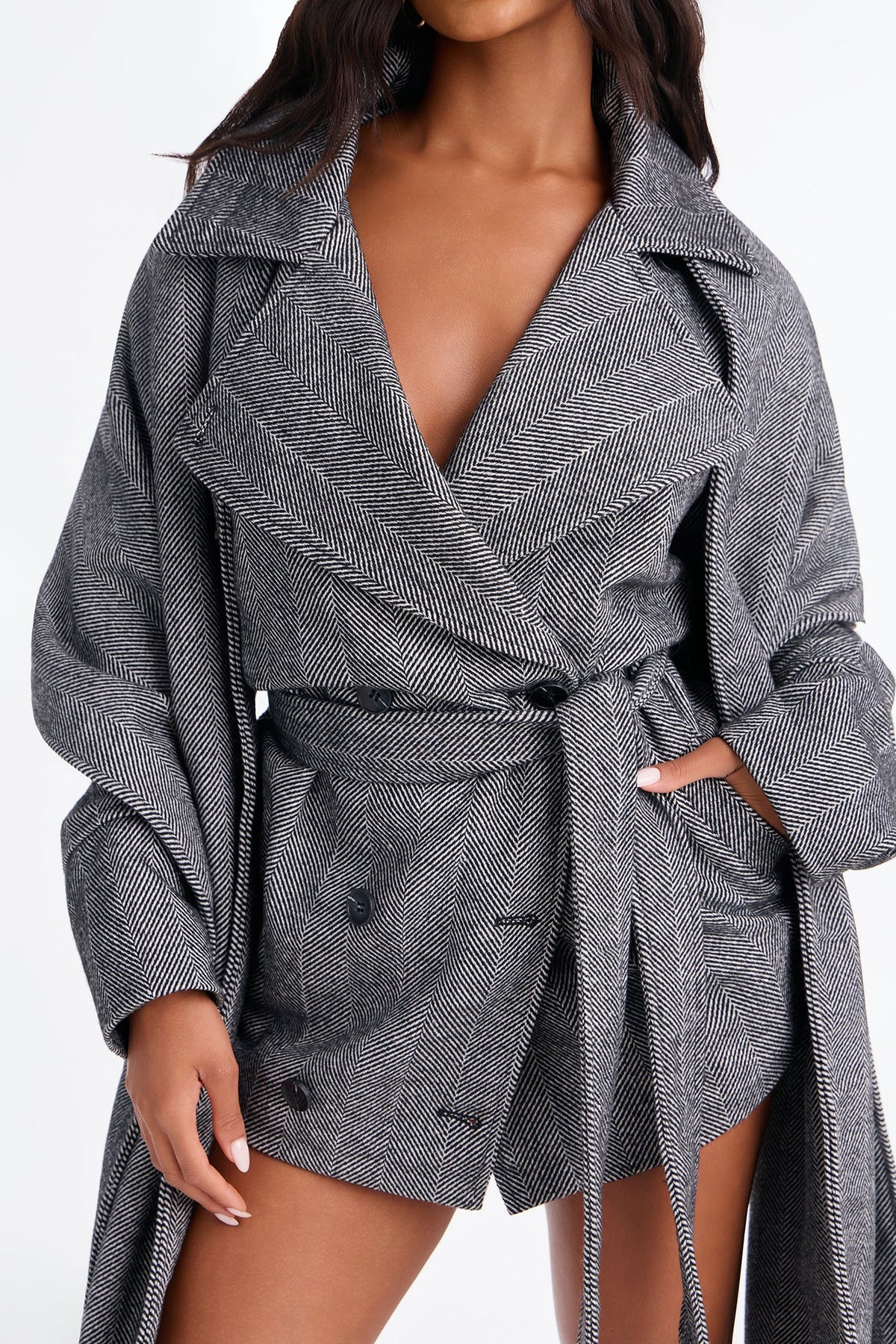 Women's Double-Breasted Belted Coat — Long Sleeve, Oversized | Yvezi — 3
