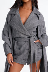 Women's Double-Breasted Belted Coat — Long Sleeve, Oversized | Yvezi — 3