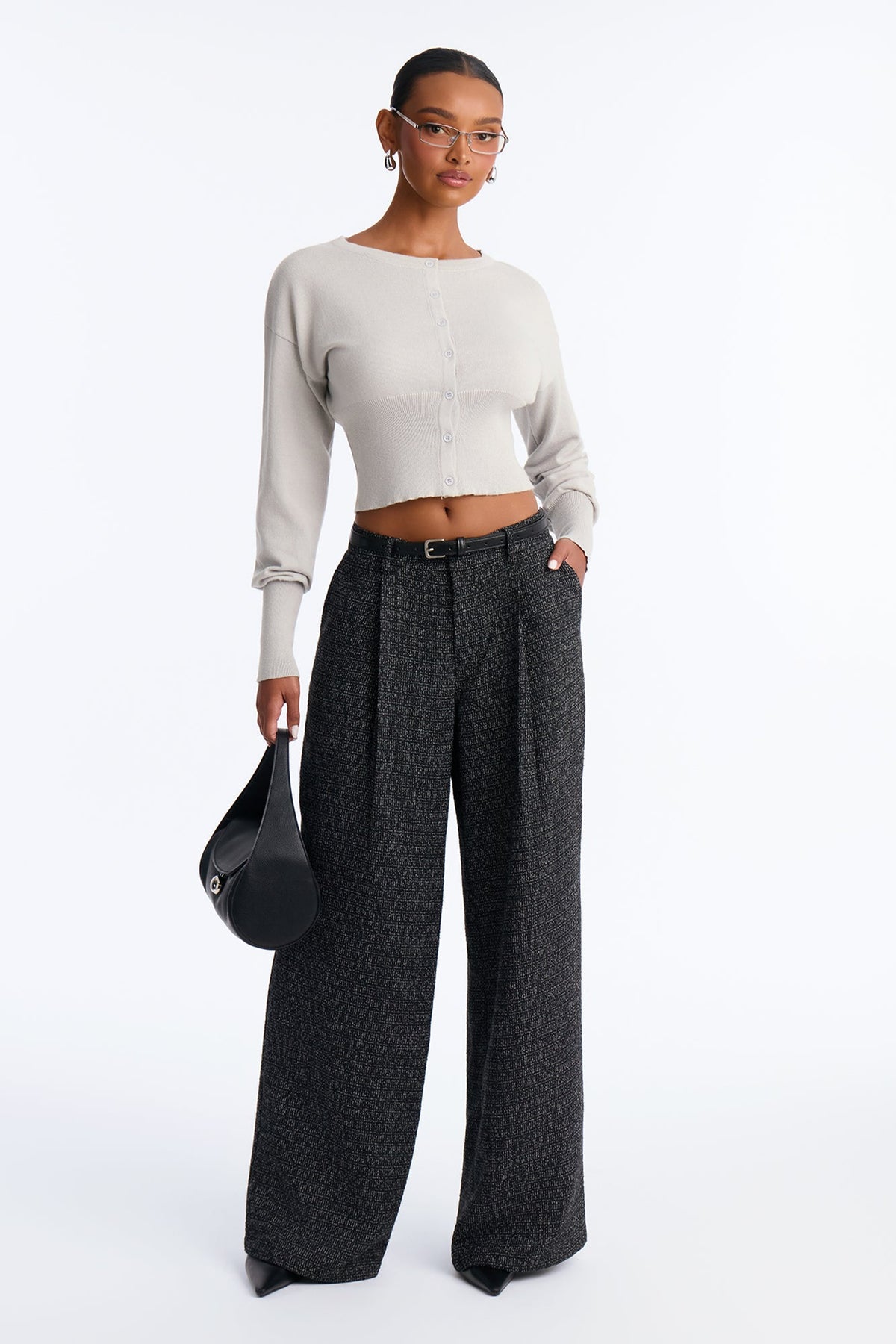 Women's Tweed Belted Pants — Wide Leg | Yvezi — 2