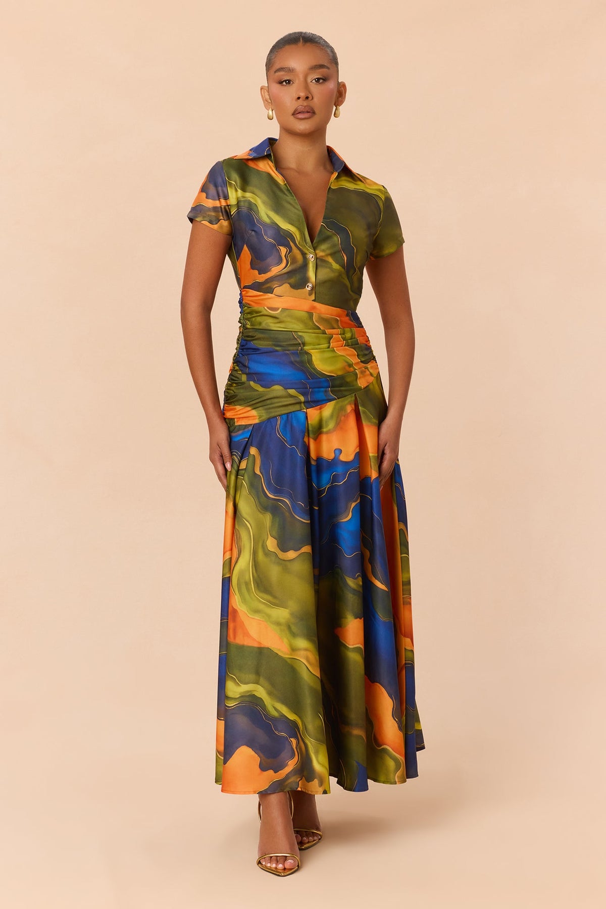 Women's Maxi Dress — Short Sleeve, Collared | Yvezi — 1