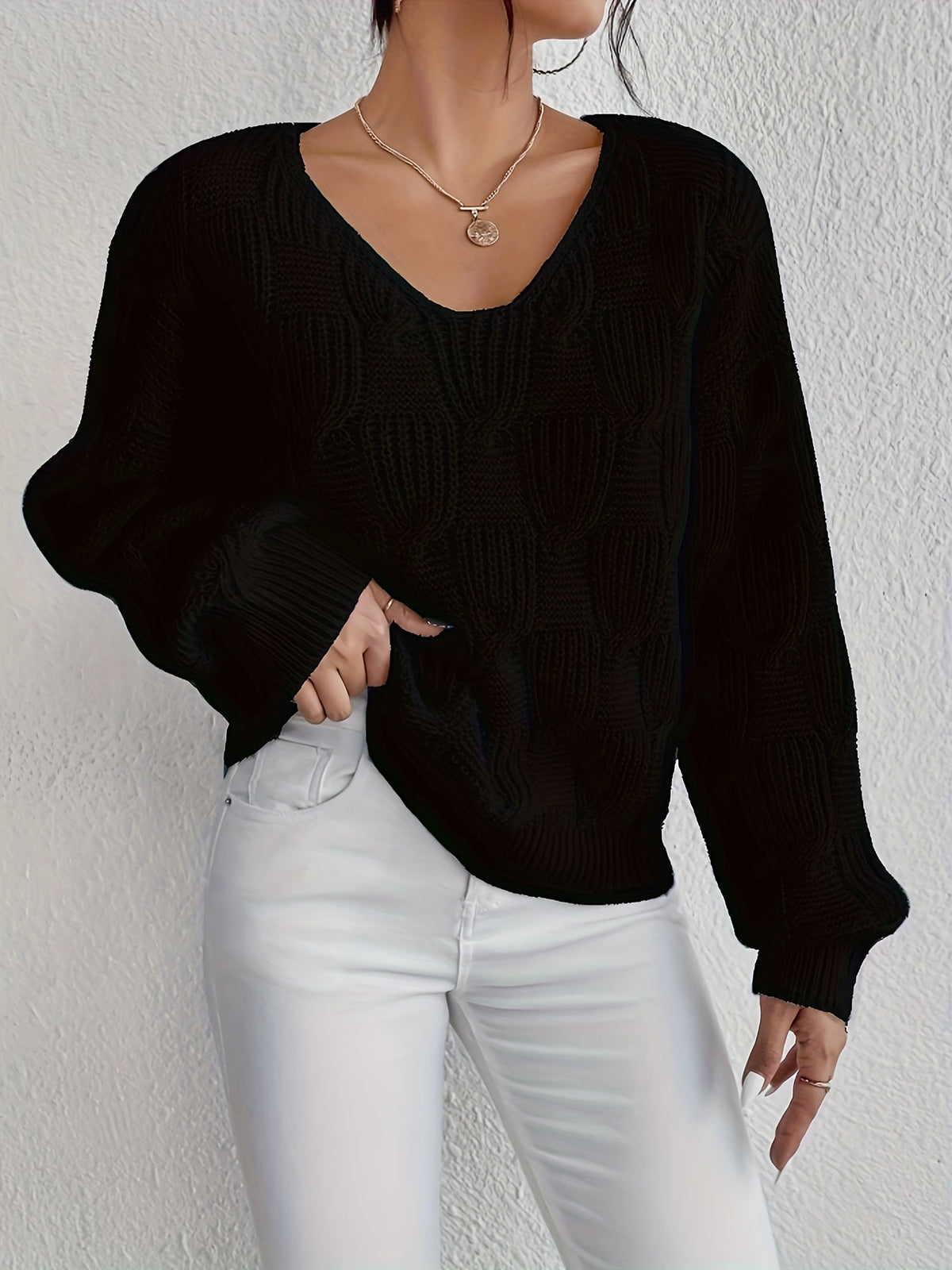 Josephine | Cable Knit V-Neck Jumper with Puff Sleeves — view 2